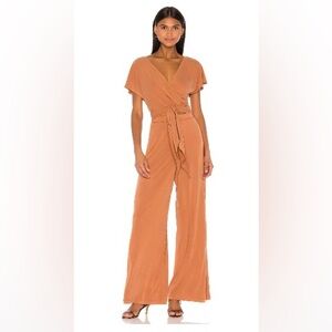 L'Academie Terracotta Jumpsuit with Wide-Leg Pants and V-Neckline